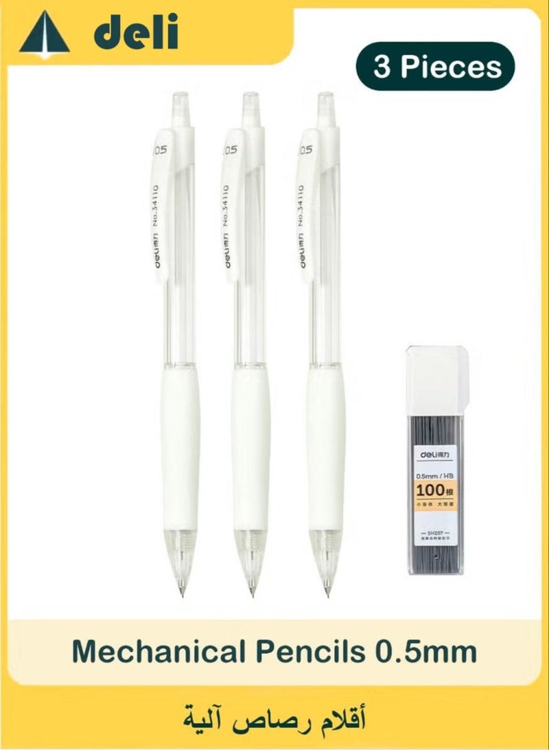 Deli 3-Pack Mechanical Pencils 0.5mm with 100PCS HB Lead Refills, for Students Drawing, Writing (White) - Image 1